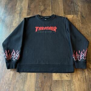 EUC Men's Vans Thrasher Off The Wall Black Flame Sweatshirt | Embroidered MEDIUM